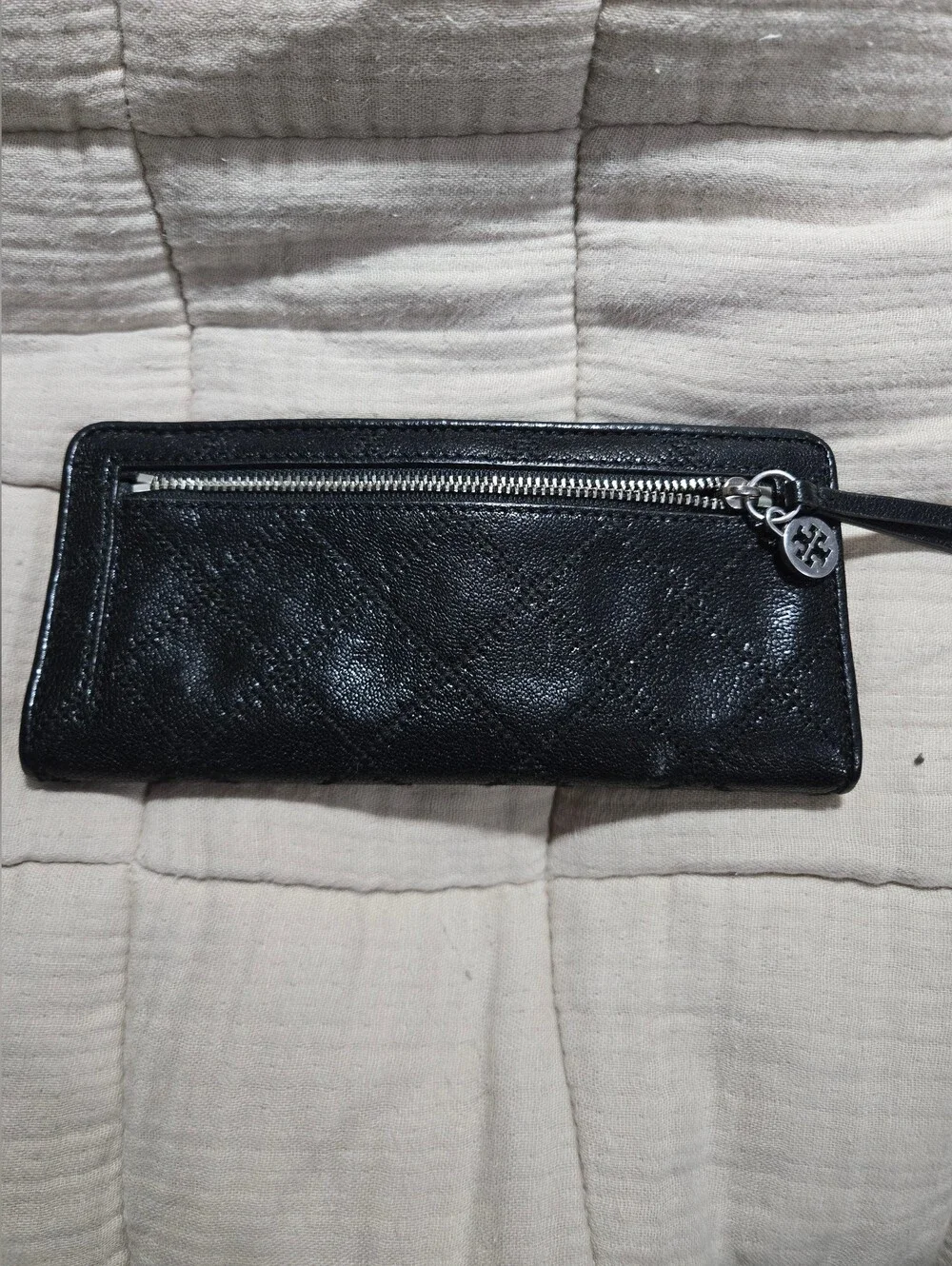 Tory Burch Black Quilted Logo Zip Wallet